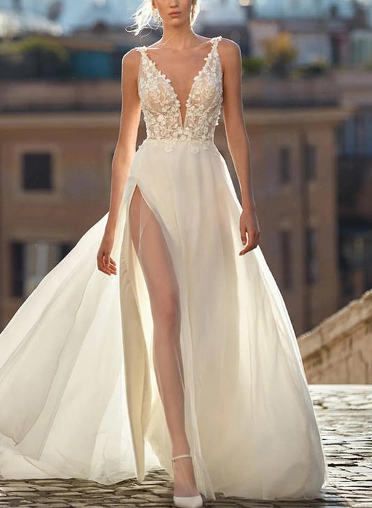 A-Line V-Neck Sleeveless Tulle Wedding Dresses With Appliques Lace