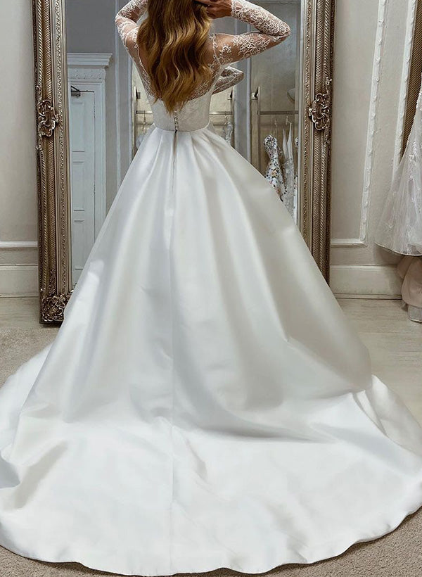 Illusion Neck Long Sleeves Satin Wedding Dresses With Lace