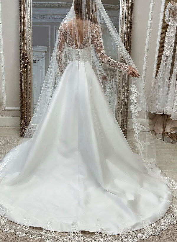 Illusion Neck Long Sleeves Satin Wedding Dresses With Lace