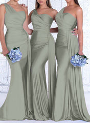 One Shoulder Trumpet Mermaid Elastic Satin Bridesmaid Dresses