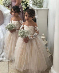 Ivory Long Sleeves A Line Tulle Flower Girl Dress with Appliques