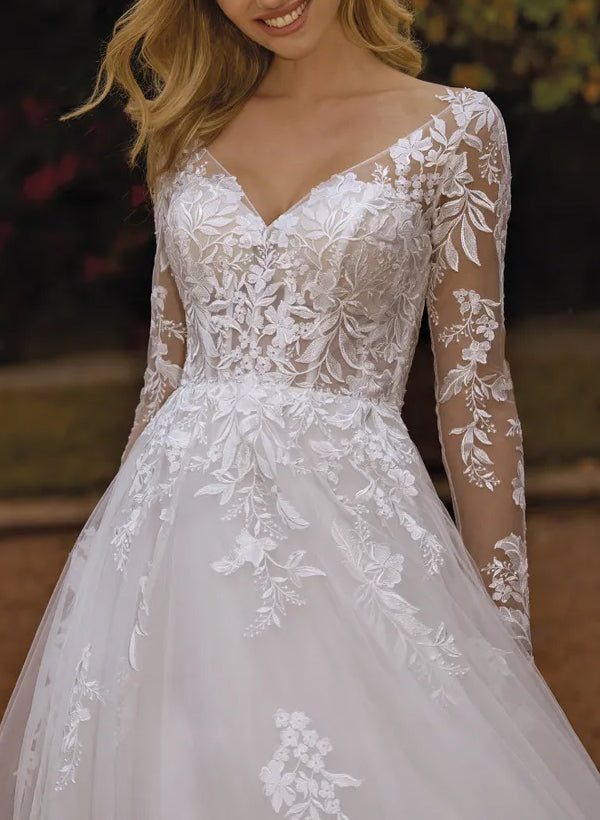 V-Neck A-Line Wedding Dresses With Long Sleeves Lace/Tulle and Appliques Lace