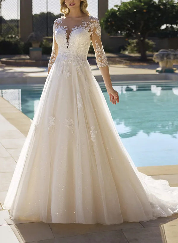 Illusion Neck A-Line Wedding Dresses with Sequins Lace/Tulle and 3/4 Sleeves