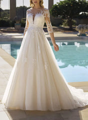 Illusion Neck A-Line Wedding Dresses with Sequins Lace/Tulle and 3/4 Sleeves