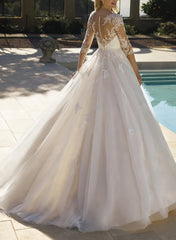 Illusion Neck A-Line Wedding Dresses with Sequins Lace/Tulle and 3/4 Sleeves