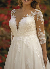 Illusion Neck A-Line Wedding Dresses with Sequins Lace/Tulle and 3/4 Sleeves