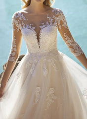 Illusion Neck A-Line Wedding Dresses with Sequins Lace/Tulle and 3/4 Sleeves