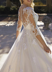 Illusion Neck A-Line Wedding Dresses with Sequins Lace/Tulle and 3/4 Sleeves