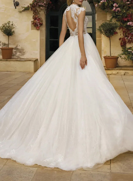 High Neck Sleeveless Lace/Tulle A-Line Wedding Dress With Back Hole