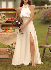 A-Line Halter Sleeveless Silk Like Satin Bridesmaid Dresses With Split Front