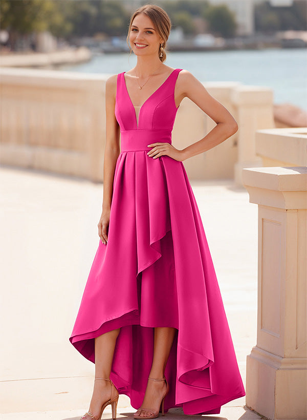 A-Line V-Neck Sleeveless Floor-Length Satin Bridesmaid Dresses