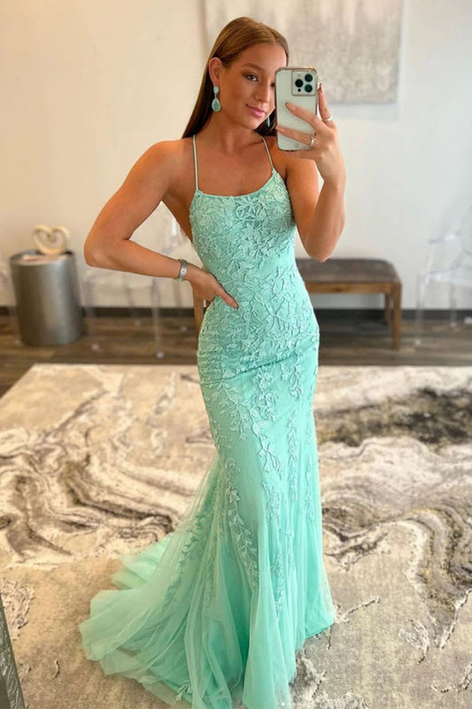 Mint Spaghetti Straps Appliques Mermaid Long Prom Dress