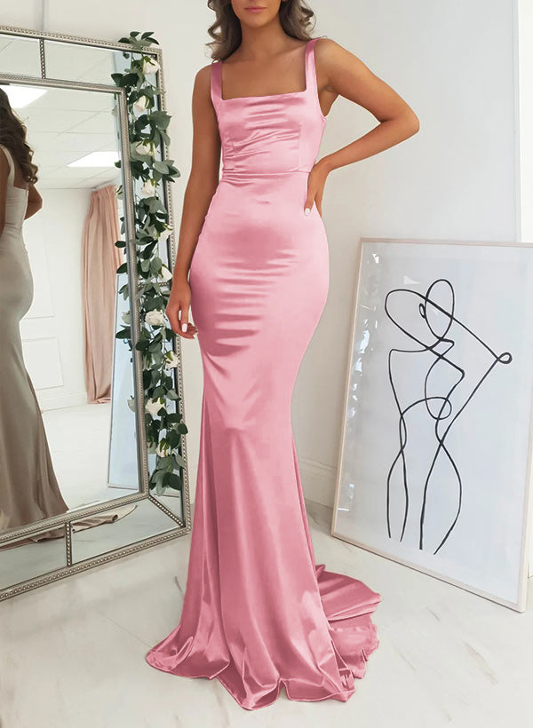 Satin Mermaid Bridesmaid Dress with Square Neckline Sleeveless and Sweep Train