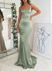 Satin Mermaid Bridesmaid Dress with Square Neckline Sleeveless and Sweep Train