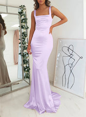 Satin Mermaid Bridesmaid Dress with Square Neckline Sleeveless and Sweep Train