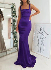 Satin Mermaid Bridesmaid Dress with Square Neckline Sleeveless and Sweep Train