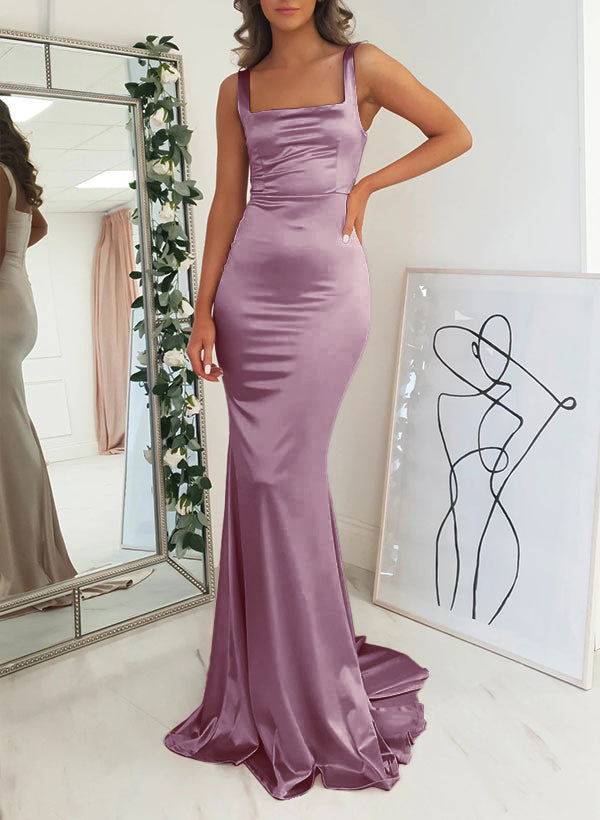 Satin Mermaid Bridesmaid Dress with Square Neckline Sleeveless and Sweep Train