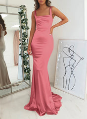 Satin Mermaid Bridesmaid Dress with Square Neckline Sleeveless and Sweep Train