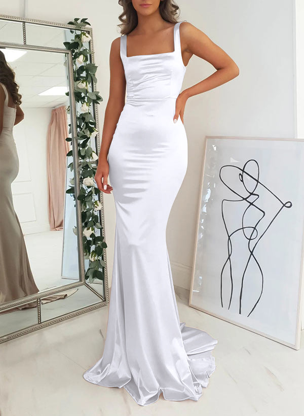 Satin Mermaid Bridesmaid Dress with Square Neckline Sleeveless and Sweep Train