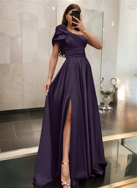 One-Shoulder A-Line Satin Bridesmaid Dress with Ruffle Short Sleeves Sweep Train