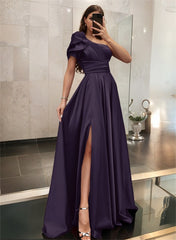 One-Shoulder A-Line Satin Bridesmaid Dress with Ruffle Short Sleeves Sweep Train