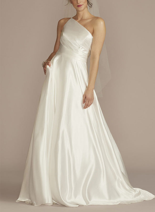 A-Line One-Shoulder Sleeveless Sweep Train Silk Like Satin Wedding Dresses