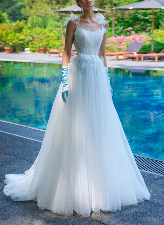 A-Line Square Neckline Sleeveless Sweep Train Lace/Tulle Bridal Gowns