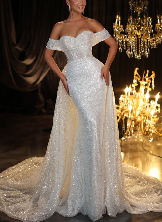 Off-The-Shoulder Detachable Sequined Trumpet/Mermaid Wedding Dresses