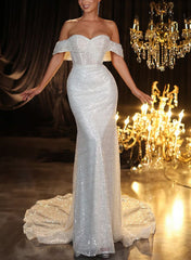 Off-The-Shoulder Detachable Sequined Trumpet/Mermaid Wedding Dresses