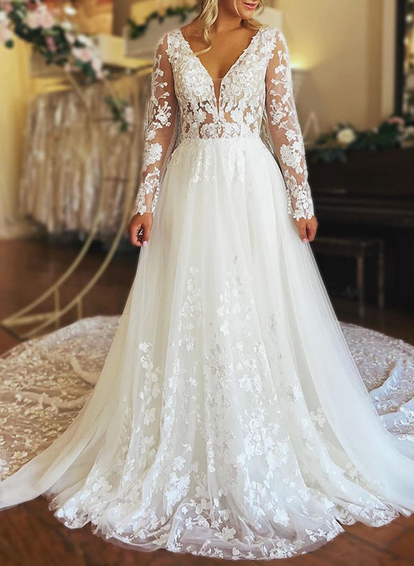 A-Line V-Neck Long Sleeves Tulle Wedding Dresses With Appliques Lace