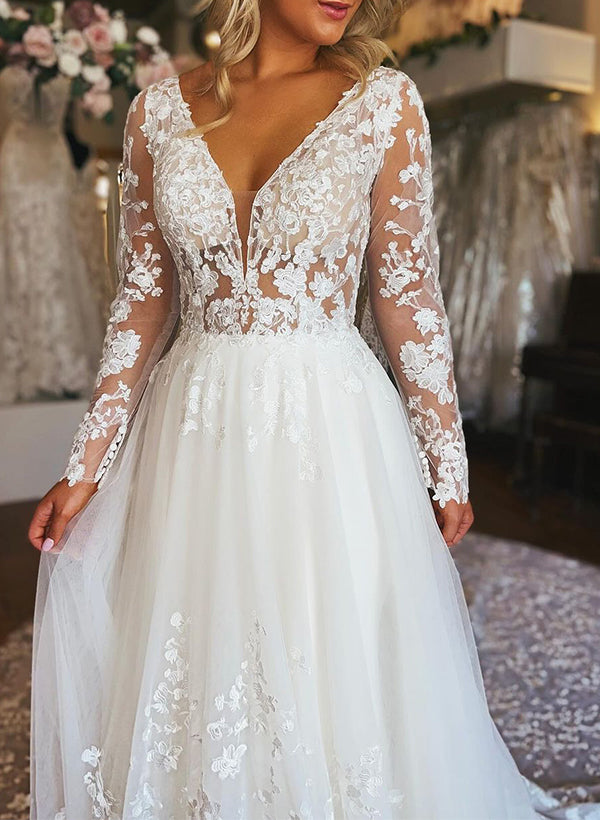 A-Line V-Neck Long Sleeves Tulle Wedding Dresses With Appliques Lace