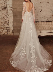 V-Neck Long Sleeves Court Train Lace/Tulle Wedding Dresses