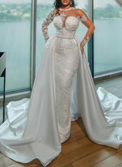 Illusion Neck Long Sleeves Lace/Satin Sheath/Column Wedding Dresses