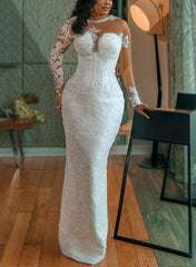 Illusion Neck Long Sleeves Lace/Satin Sheath/Column Wedding Dresses