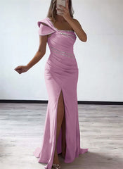 One-Shoulder Elastic Satin Bridesmaid Dresses With Beading