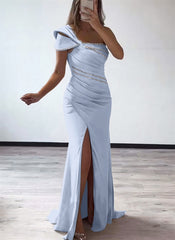 One-Shoulder Elastic Satin Bridesmaid Dresses With Beading