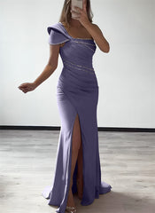 One-Shoulder Elastic Satin Bridesmaid Dresses With Beading