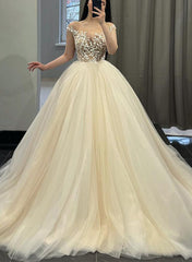 Lace/Tulle Wedding Dresses with Ball-Gown Illusion Neck and Sleeveless Design featuring Court Train