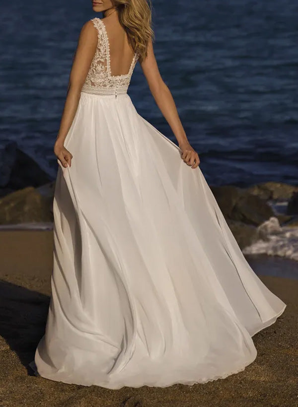 A-Line Square Neckline Sleeveless Sweep Train Chiffon/Lace Wedding Dresses