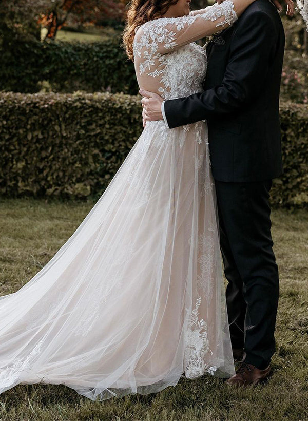 Illusion Neck A-Line Wedding Dresses with 3/4 Sleeves and Court Train in Lace/Tulle