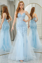 Light Blue Mermaid Backless Appliqued Long Corset Prom Dress With Slit