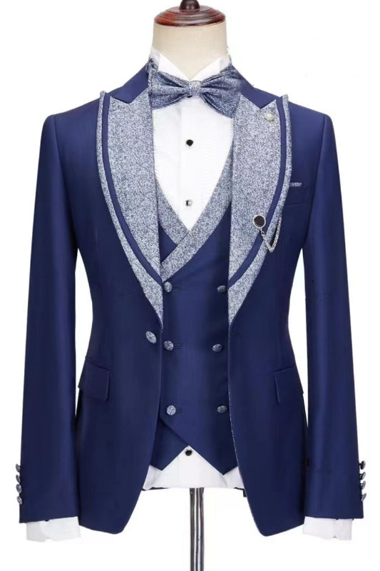 Blue Bespoke Peaked Lapel Three-Piece Wedding Suit - Newest