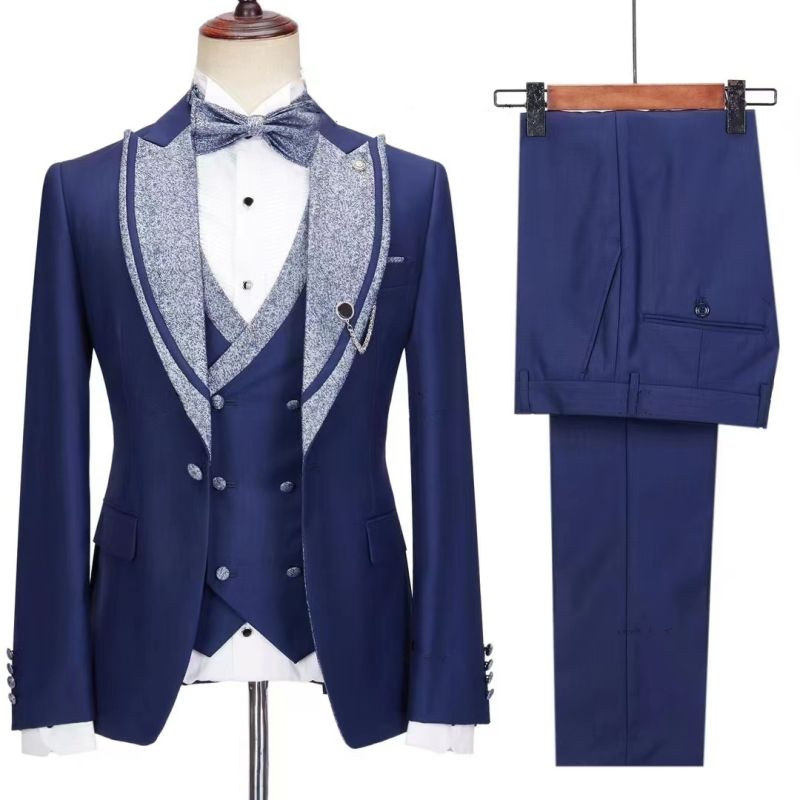 Blue Bespoke Peaked Lapel Three-Piece Wedding Suit - Newest