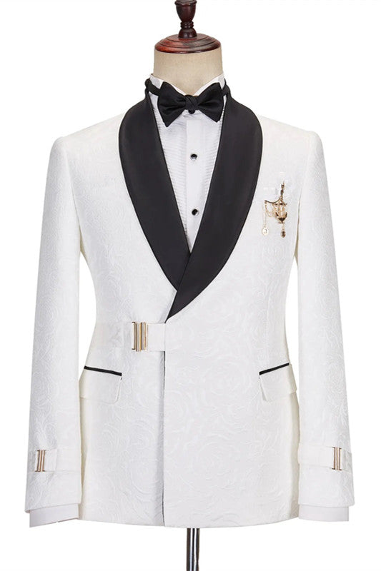 White Jacquard Shawl Lapel Wedding Suit with Gold Buckle