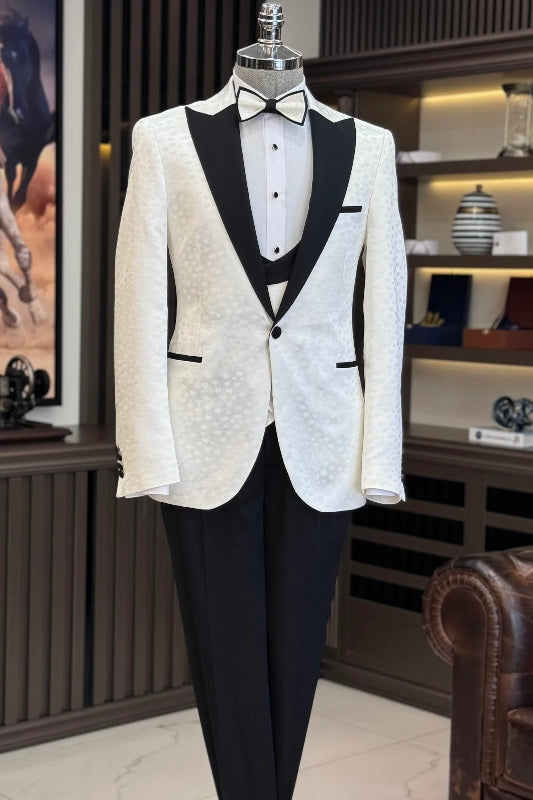 White Peaked Lapel 3-Piece Jacquard Men's Suit