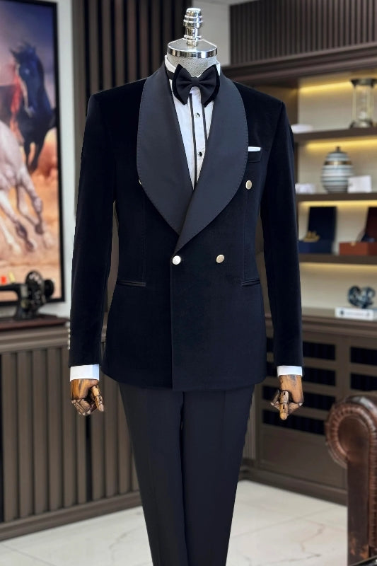 Black Velvet Double-Breasted Shawl Lapel Suit for Men