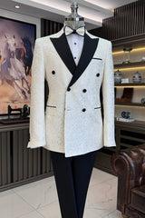 White Peaked Lapel Double Breasted Jacquard Men's Suit