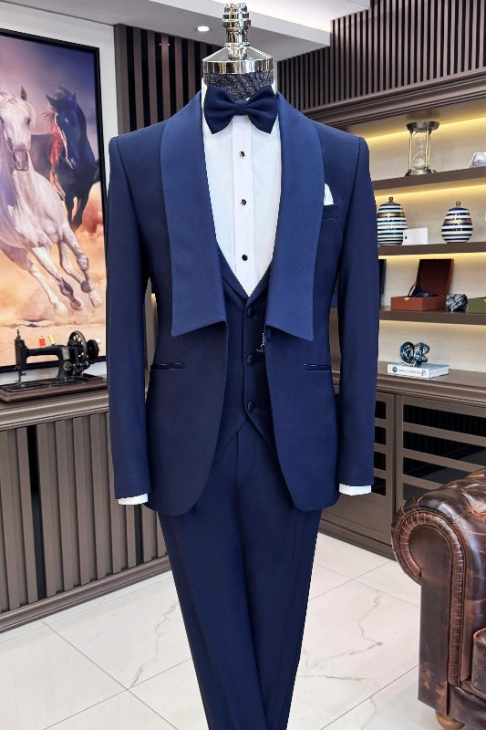 Dark Blue Shawl Lapel 3-Piece Wedding Men's Suit