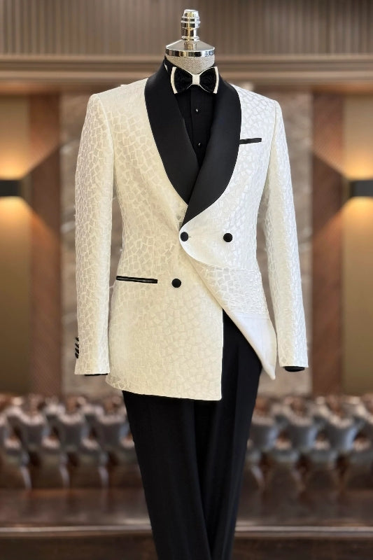 White Shawl Lapel Jacquard Wedding Men's Suit