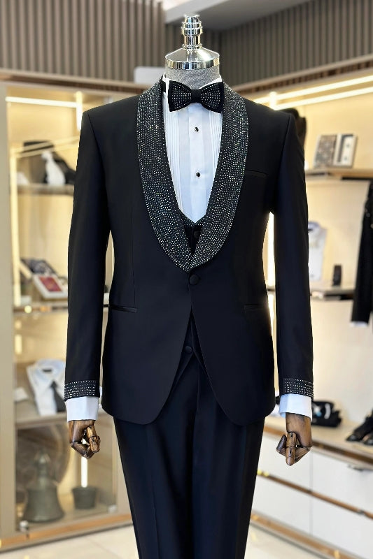 Black 3-Piece Men's Suit with Sequins Lapel